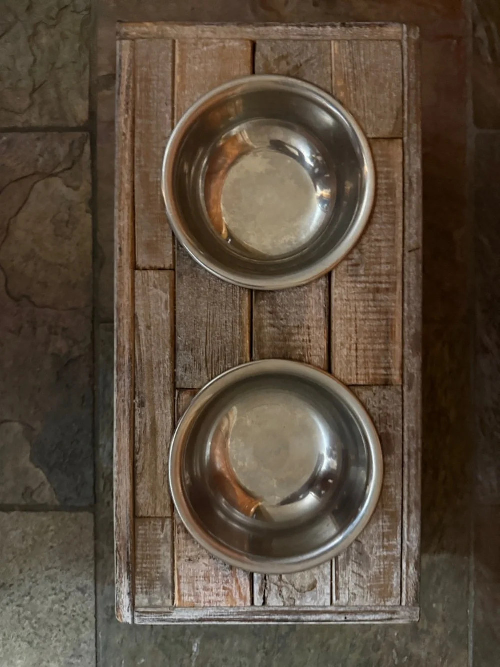 Rustic Wooden Double Dog Bowl Stand with Stainless Steel Bowls - Brown